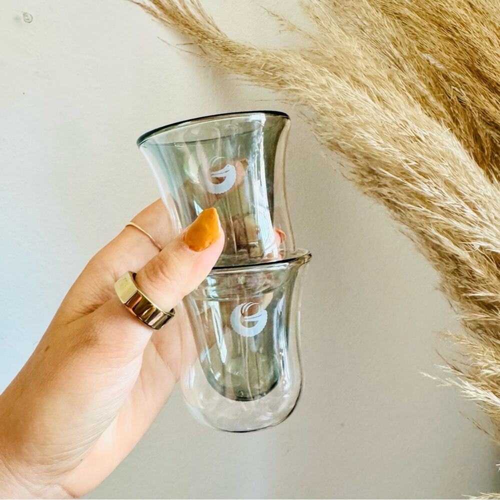 2 NEW COFFEE GATOR Clear Grey Smoke Glass Espresso Shot Glasses Thermal Cups
